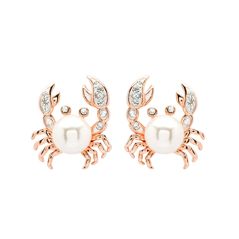 Ocean - Sterling Silver - Rose Gold Pearl & Crystal Stud Crab Earrings