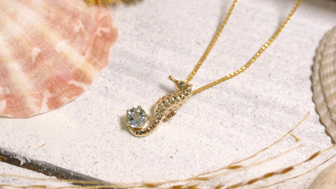 14k - Yellow Gold Sapphire Aquamarine Sea Horse Pendant