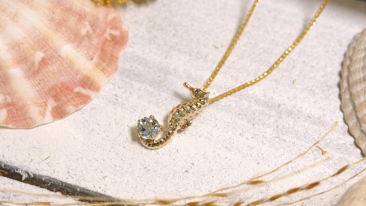 14k - Yellow Gold Sapphire Aquamarine Sea Horse Pendant