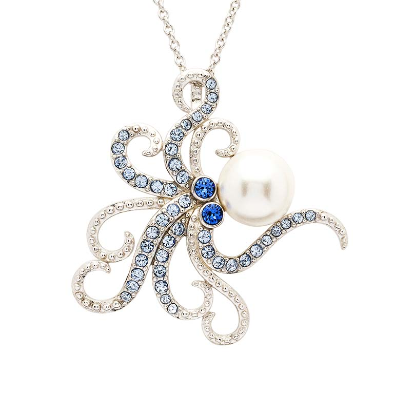 Ocean - Sterling Silver - Octopus Pearl & Crystal 18" Dangle Sea Life Necklace