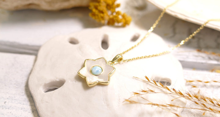 Sterling Silver - 14K Gold Plated Larimar Flower Mother of Pearl Necklace