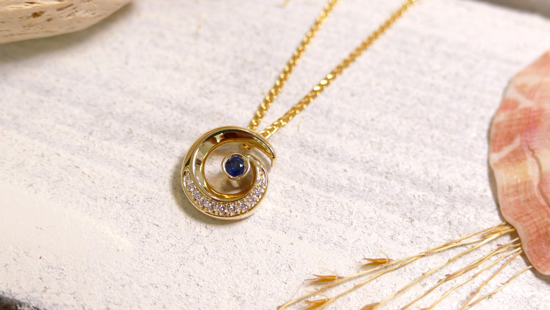 14k - Yellow Gold Sapphire Round Natural Diamond Wave Pendant