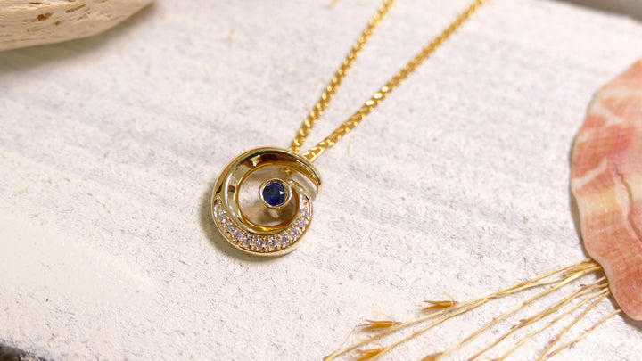 14k - Yellow Gold Sapphire Round Natural Diamond Wave Pendant