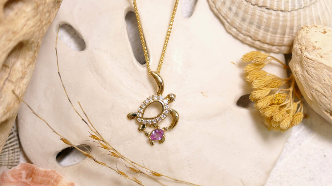 14k - Yellow Gold Pink Sapphire 0.16ct 0.12ct Natural Diamond Turtle Pendant