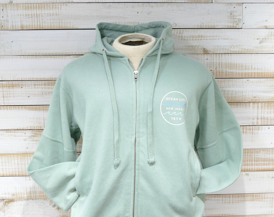 Ocean City Classics - Long Sleeve Full Zip Hooded Fleece Sweatshirt - Sage Green