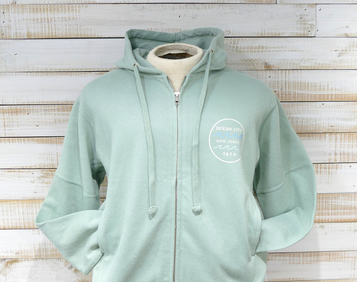 Ocean City Classics - Long Sleeve Full Zip Hooded Fleece Sweatshirt - Sage Green