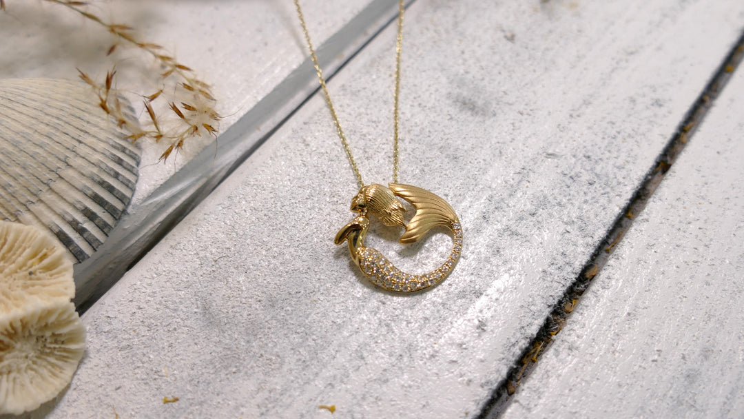 14k Yellow Gold 0.26ct. Natural Diamond Round Mermaid Pendant