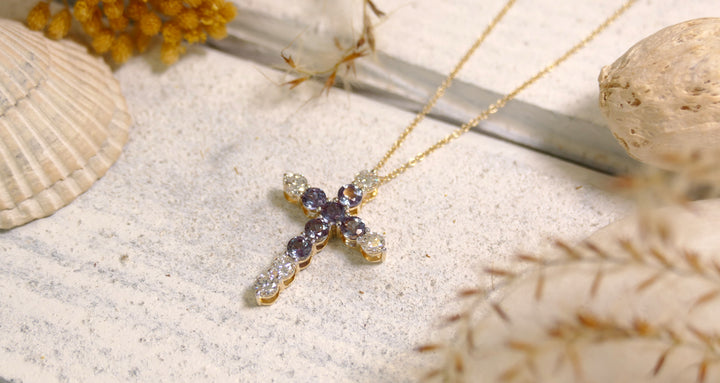 14k Yellow Gold Monte Luna Cross .50ct Lab Diamonds + Lab Alexandrite Pendant