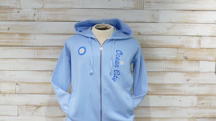 GEAR - Long Sleeve Full Zip Hooded Daisy Flower Sweatshirt - Blue