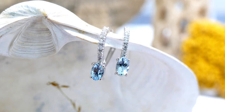14k White Gold Oval .7ct Aquamarine Hoop Earrings