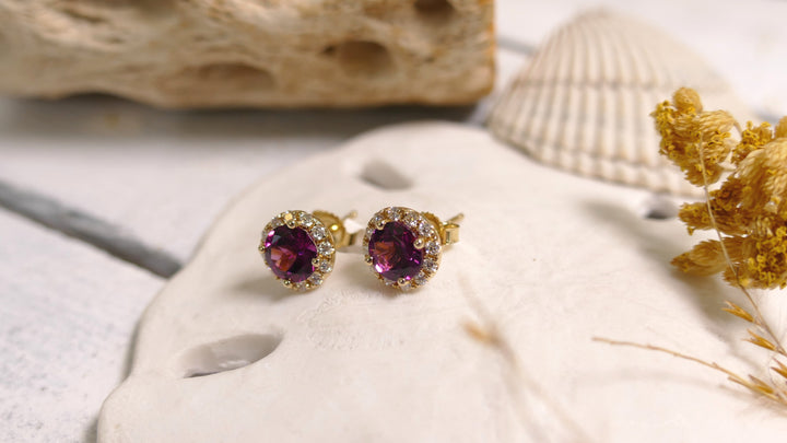 14k Yellow Gold Round 0.31ct - Pink Rhodolite Diamond Stud Earrings