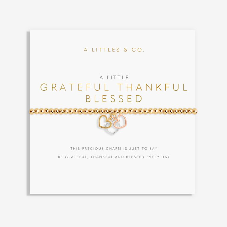 A Little & Co - Brass - Gold -Grateful,Thankful,Blessed- Heart Stretch Beaded Bracelet 6 7/8"