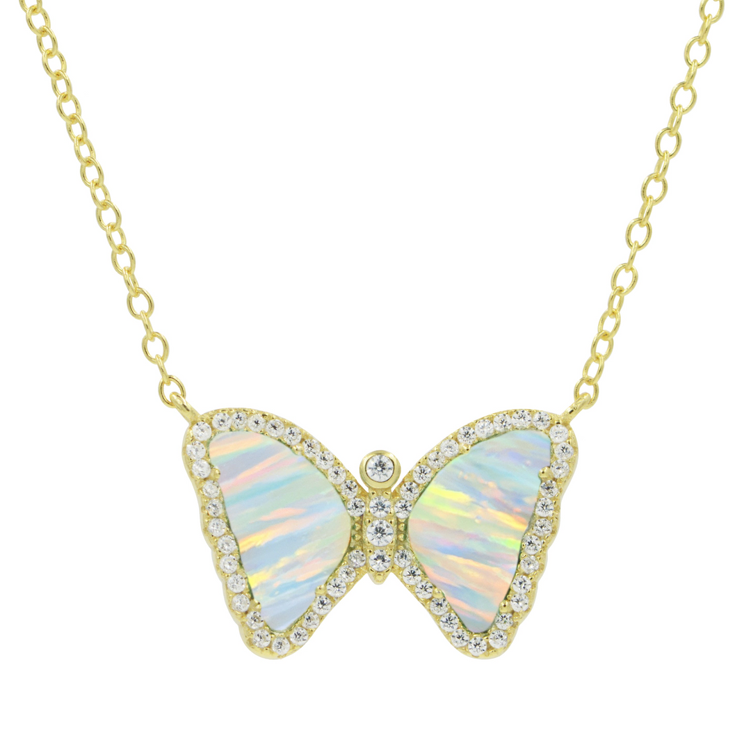 Kamaria - Sterling Silver - 14K Gold Plated - White Opal - Crystal Butterfly Adjustable 18" Necklace