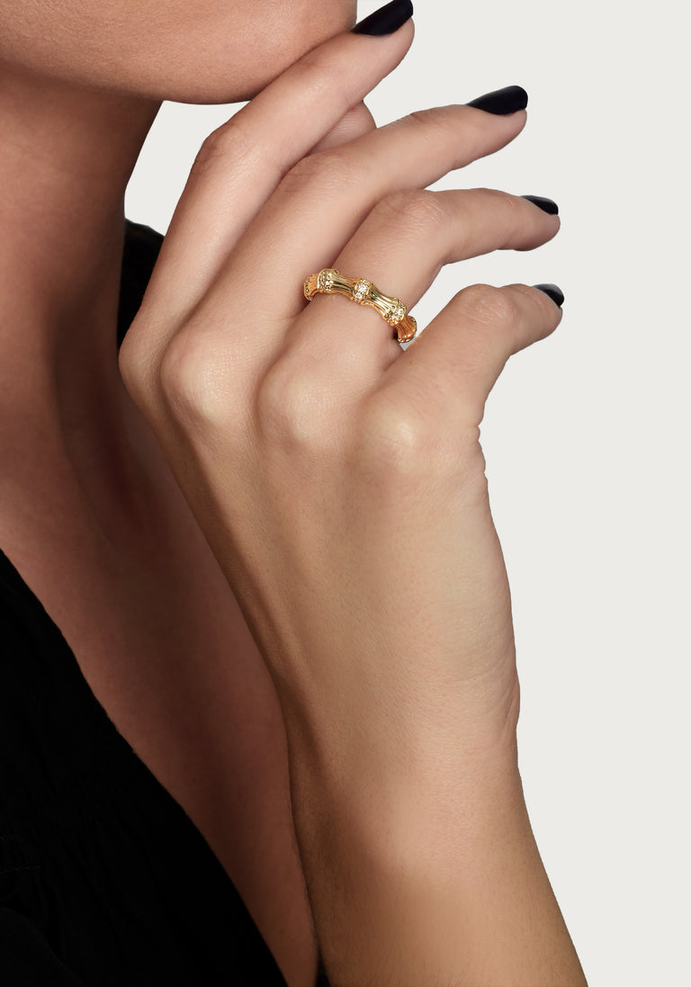 Anabel Arum - Brass - 18K Gold Plated Pave Crystal Bamboo Ring (Size 7)