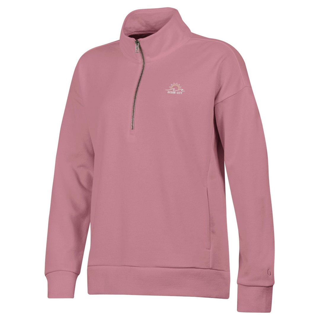 Gear - Long Sleeve 1/4 Zip Cadet Collar Sun & Wave Sweatshirt - Pink (Large)