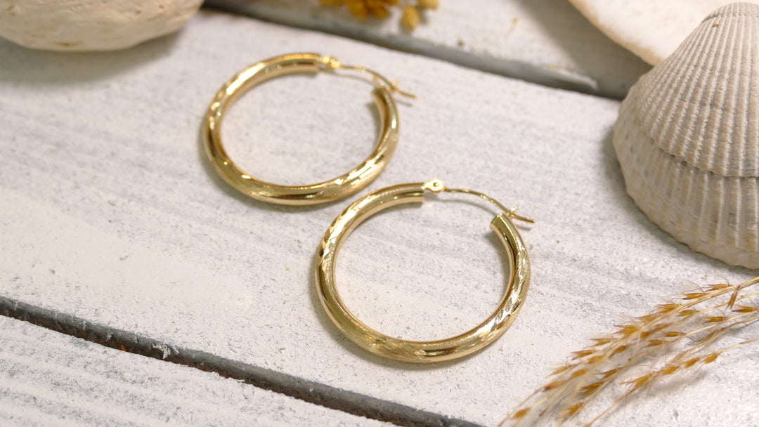 14k Yellow Gold Diamond Cut Hoop Earrings