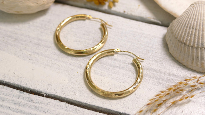 14k Yellow Gold Diamond Cut Hoop Earrings