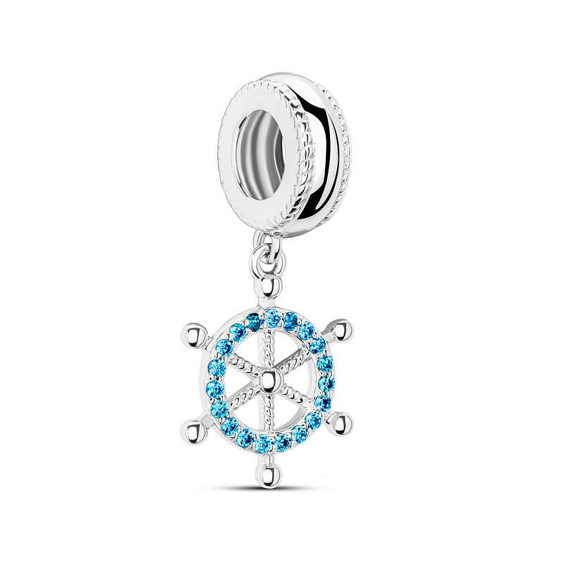 Ocean - Sterling Silver - Blue Topaz Cubic Zirconia Ship Wheel Dangle Charm
