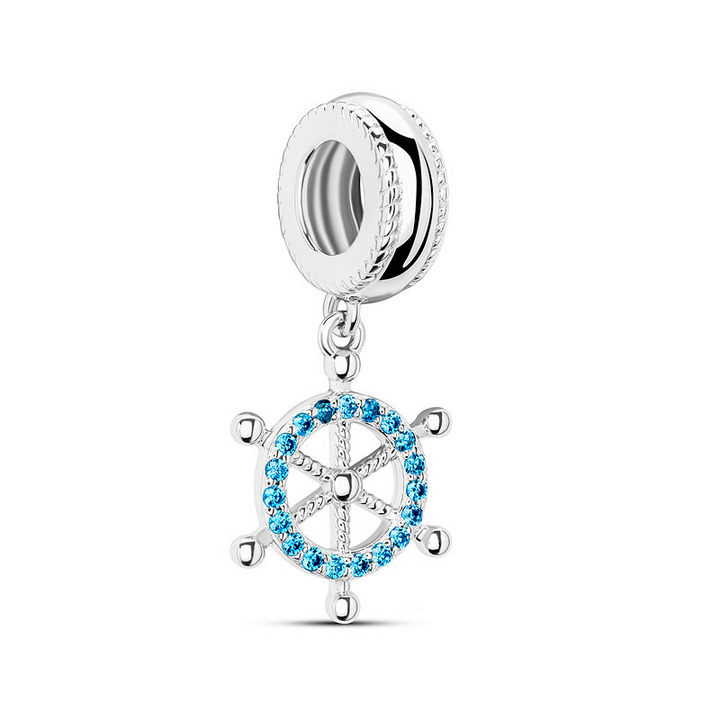 Ocean - Sterling Silver - Blue Topaz Cubic Zirconia Ship Wheel Dangle Charm