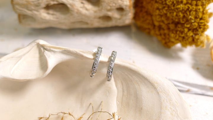 14k White Gold Diamonds J-Style Small Hoop Post Earrings