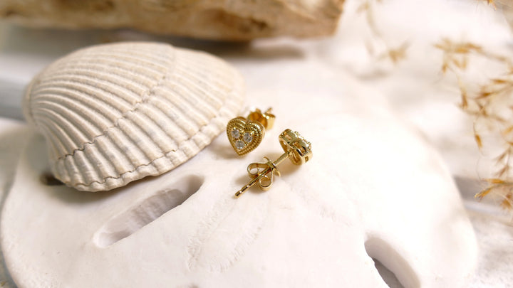 14k Yellow Gold 0.13ct Diamonds Stud Heart - Cluster Diamond Earrings