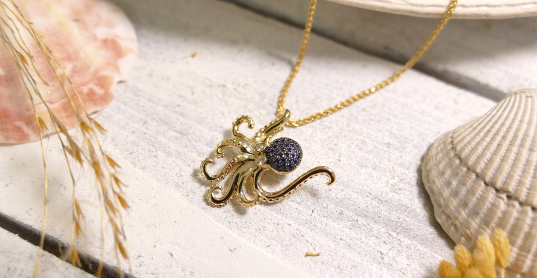 14k - Yellow Gold Octopus Sapphire Pendant