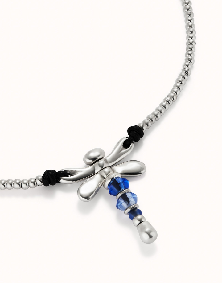 Short sterling silver-plated necklace with dragonfly and blue handcrafted crystals