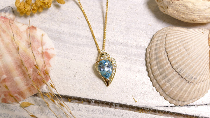 14k - Yellow Gold Conch Shell 0.06ct Natural Diamonds Blue Topaz Pendant