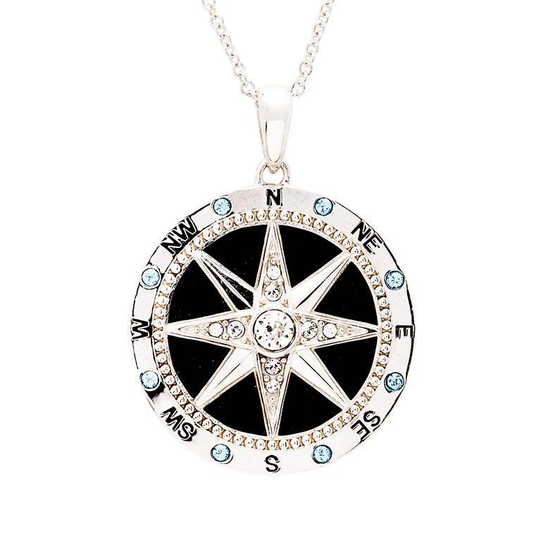 Ocean - Sterling Silver - Crystal Round Compass Necklace
