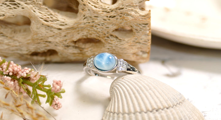 Sterling Silver - Silver Accent Diamonds Oval Larimar Ring Size 9