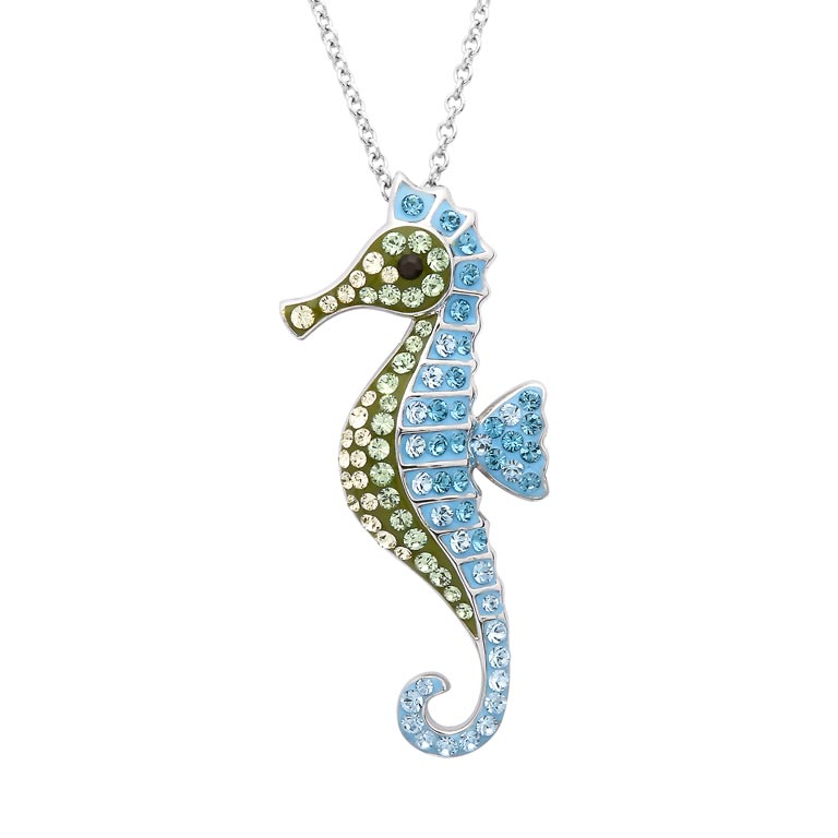 Ocean - Sterling Silver - Crystal Dangle Sea Horse Necklace