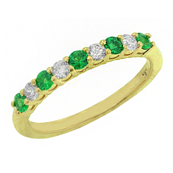 14k - Yellow Gold 0.20ct Diamond & .25ct Round Emerald Band Ring (Size 6.5)