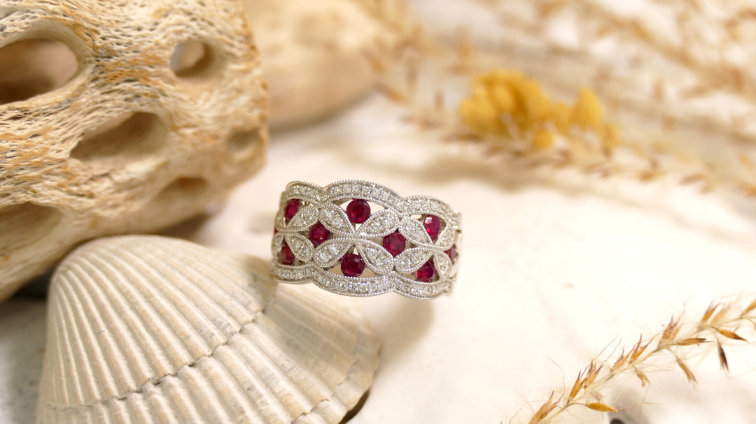 14k White Gold Natural Diamond 0.42ct + Ruby 0.82ct Flower Statement Ring