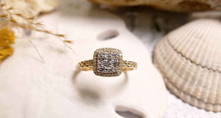 14K Yellow Gold 0.26ct Natural Diamond Square Ring (Size 6.5)
