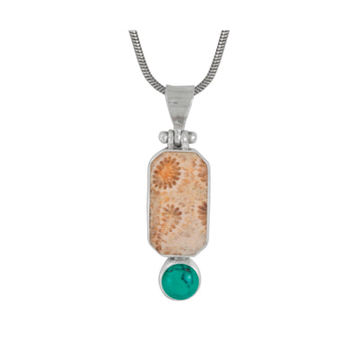 Sterling Silver Pendant With Coral Rectangle, Turquoise Round