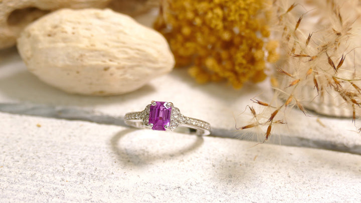 14k White Gold Pink Sapphire Emerald Cut Ring (Size 6.75)