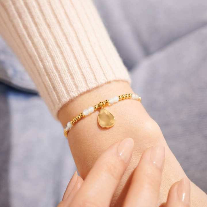 A Little & Co - Brass - Gold - June Birthstone - Moonstone Stretch Beaded Bracelet 6 7/8"
