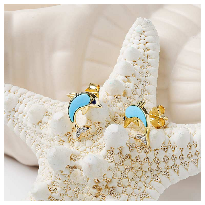 Ocean - Sterling Silver - Gold Vermeil Lab Sapphire Turquoise Dolphin Stud Earrings