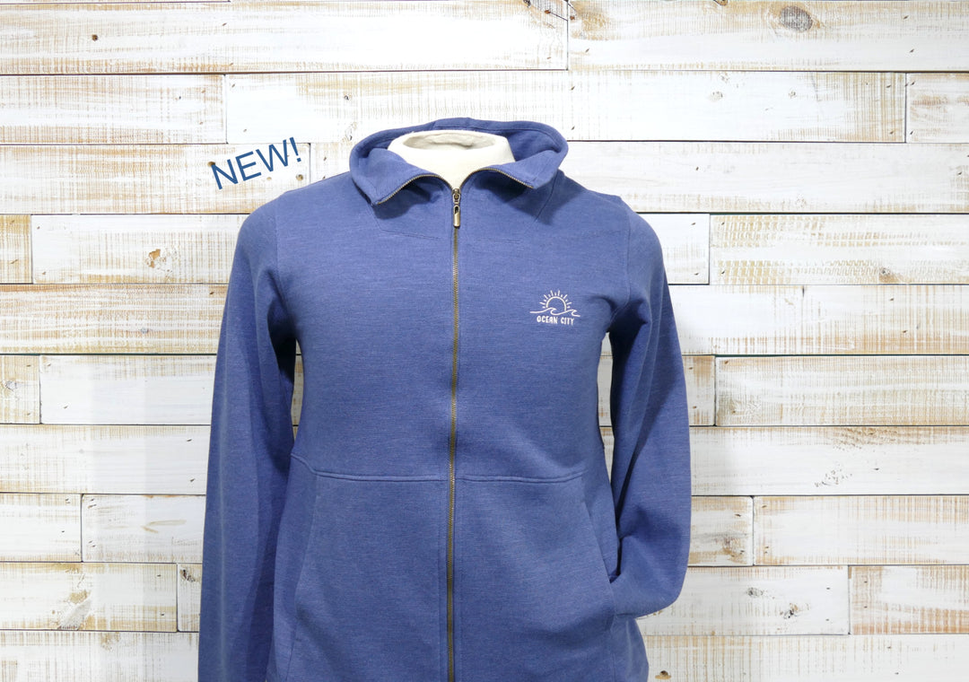 Long Sleeve Full Zip Cadet Collar OC Sun & Wave Sweatshirt - Blue (Small)