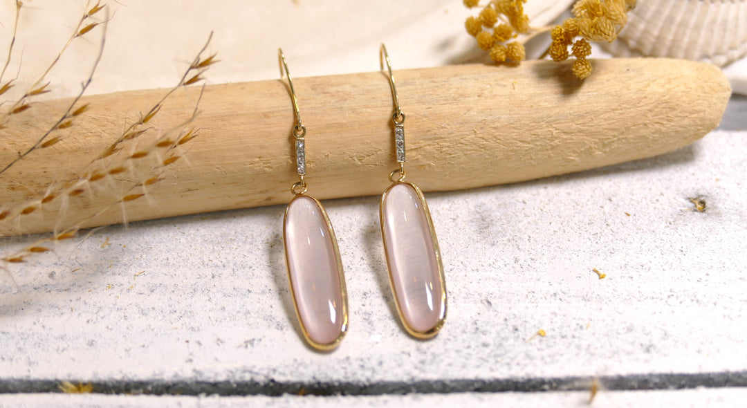 14k Yellow Gold Oval (Blush Pink) Diamond Dangle Earrings