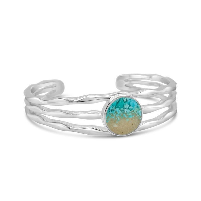 Dune - Silver Plated Ripple 13mm Turquoise Gradient Round up to 7.5" Cuff Ocean City Beach Sand Bracelet