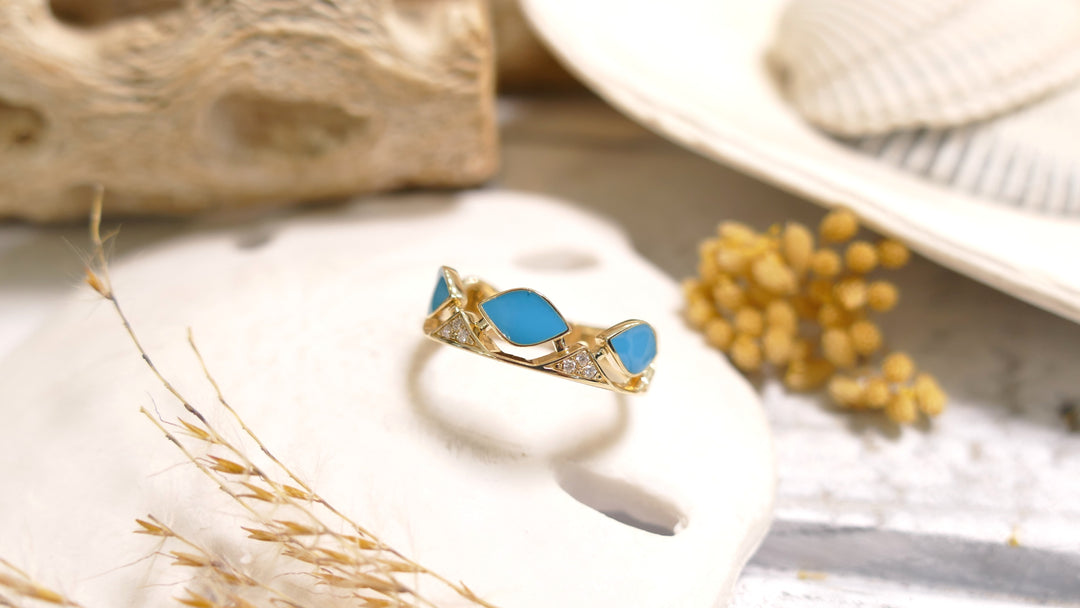 14K Yellow Gold Blue Enamel - Cut Out 0.06ct Natural Diamond Ring (Size 6)