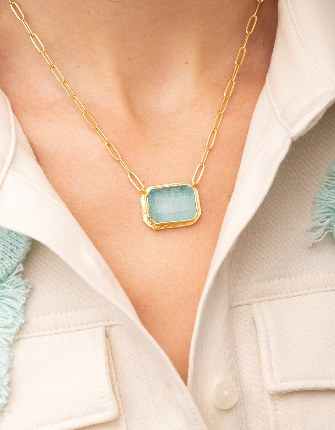Spartina - - Gold Plated Marion - Sea Foam Rectangle Glass Necklace 20"