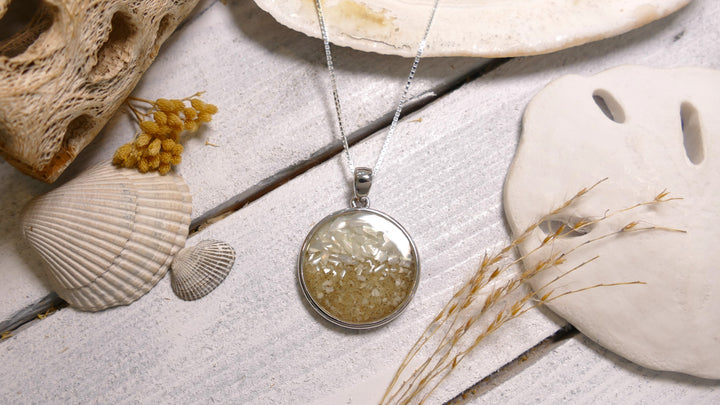 Dune - Sterling Silver - "The Mediterranean" Round Mother of Pearl Ocean City Beach Sand Necklace