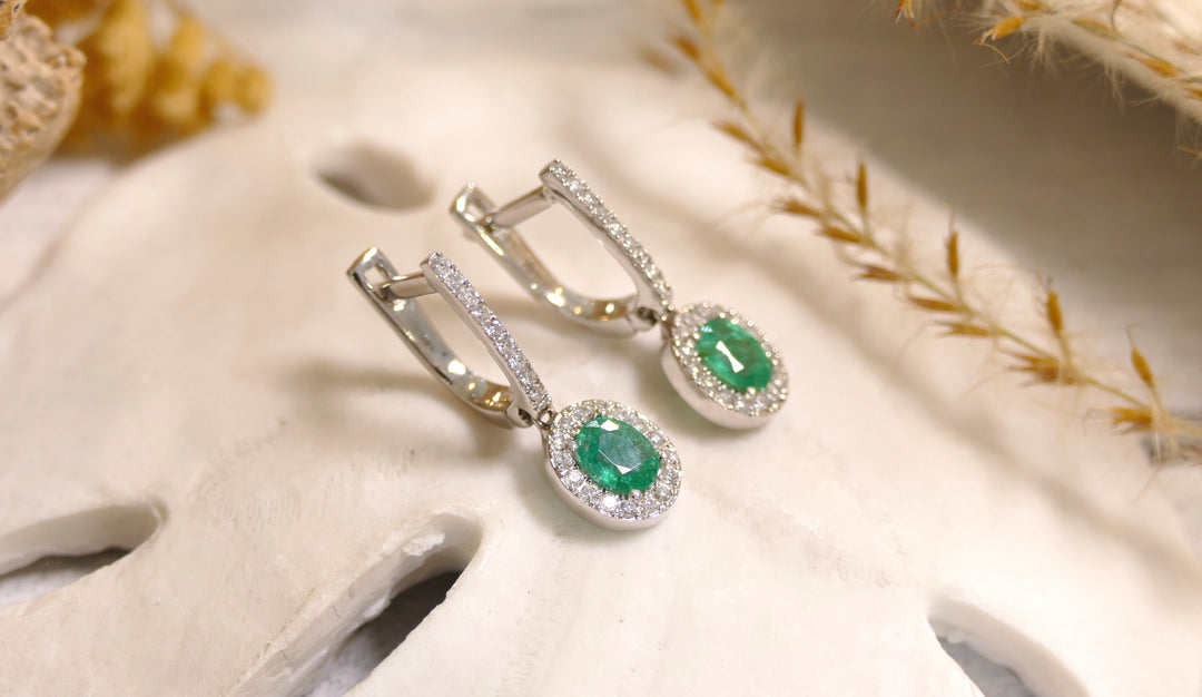 14k White Gold Oval 0.91ct Emerald Dangle Earrings