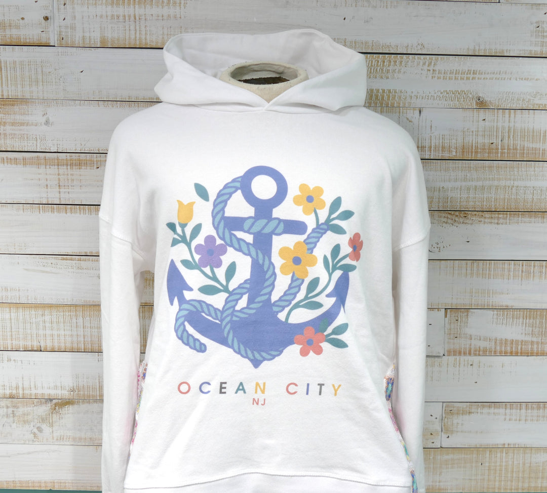 Ocean City Classics - Long Sleeve Hooded Floral Anchor Sweatshirt - White