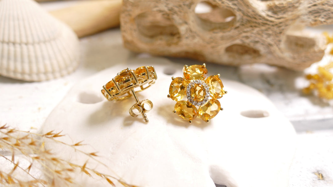 Sterling Silver - 14K Gold Plated CZ Halo 5.5ct Flower Citrine Statement Earrings