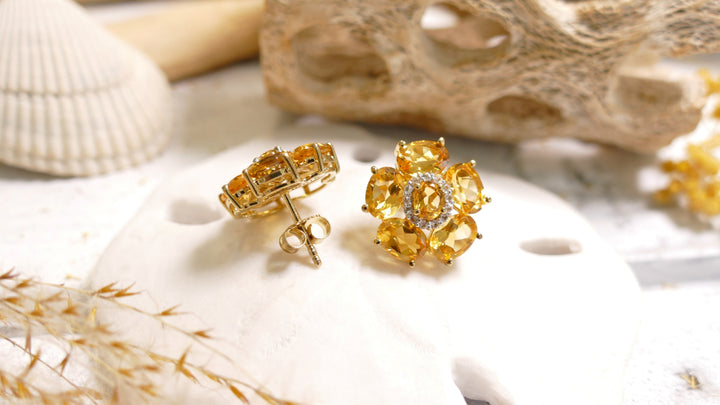 Sterling Silver - 14K Gold Plated CZ Halo 5.5ct Flower Citrine Statement Earrings