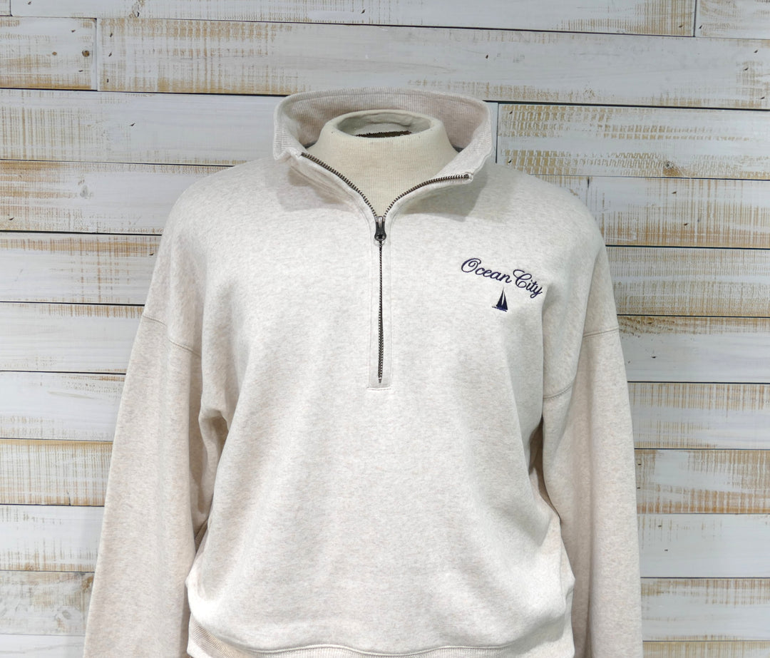 CHAMPION - Long Sleeve 1/4 Zip Cadet Collar OC Sailboat Sweatshirt - Oatmeal