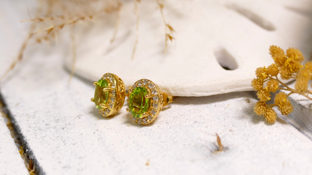 Sterling Silver - 14K Gold Plated CZ Halo 1.34ct Oval Peridot Stud Earrings